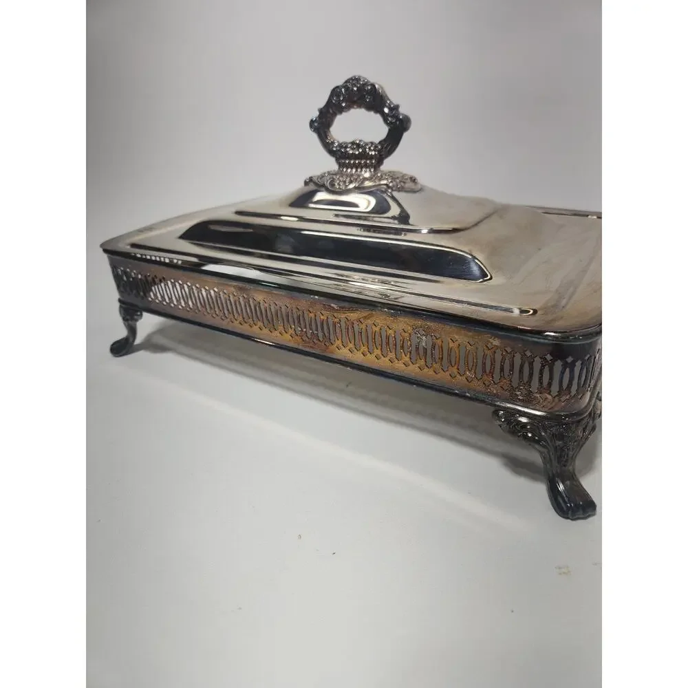 Vintage Silver Plated Rectangular Covered Serving Dish Footed Buffet Casserole